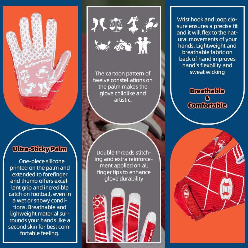 Seibertron Pro 3.0 Twelve Constellations Elite Ultra-Stick Sports Receiver Glove Football Gloves fit for Youth Child Kids red XS - Image 3